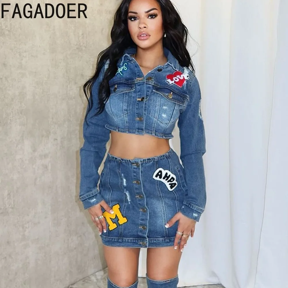 FAGADOER Fashion Embroidery Elastic Denim Two Piece Sets Women Turndown Collar Long Sleeve Button Crop Top And Min Skirt Outfits