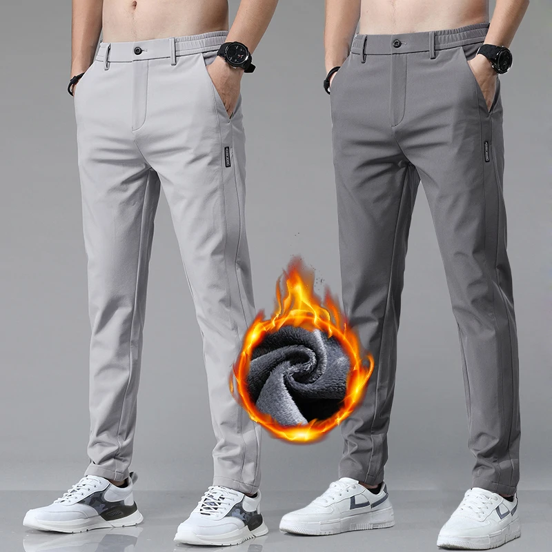 

Зимние флисовые толстые мужские брюки для гольфа, эластичные теплые повседневные брюки, деловые облегающие бархатные брюки, модная корейская мужская одежда