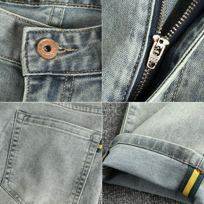 ヴィンテージブルーウォッシュ加工ダメージ加工春夏新作メンズスキニーアメリカンスタイルトレンドジーンズ