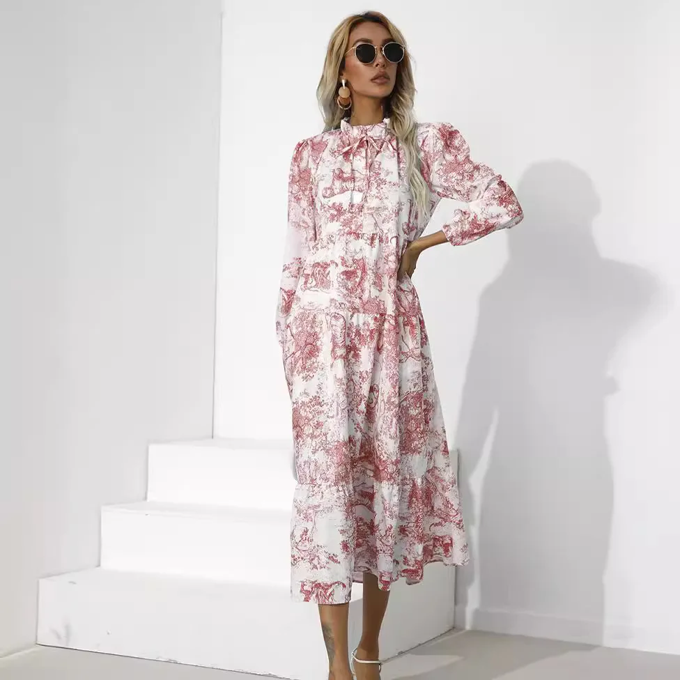 

2025 Spring Autumn New Women's O-neck Fashionable Printed Collar Strap Loose Nine Cent Sleeve Long Sleeve Casual Robe Femme