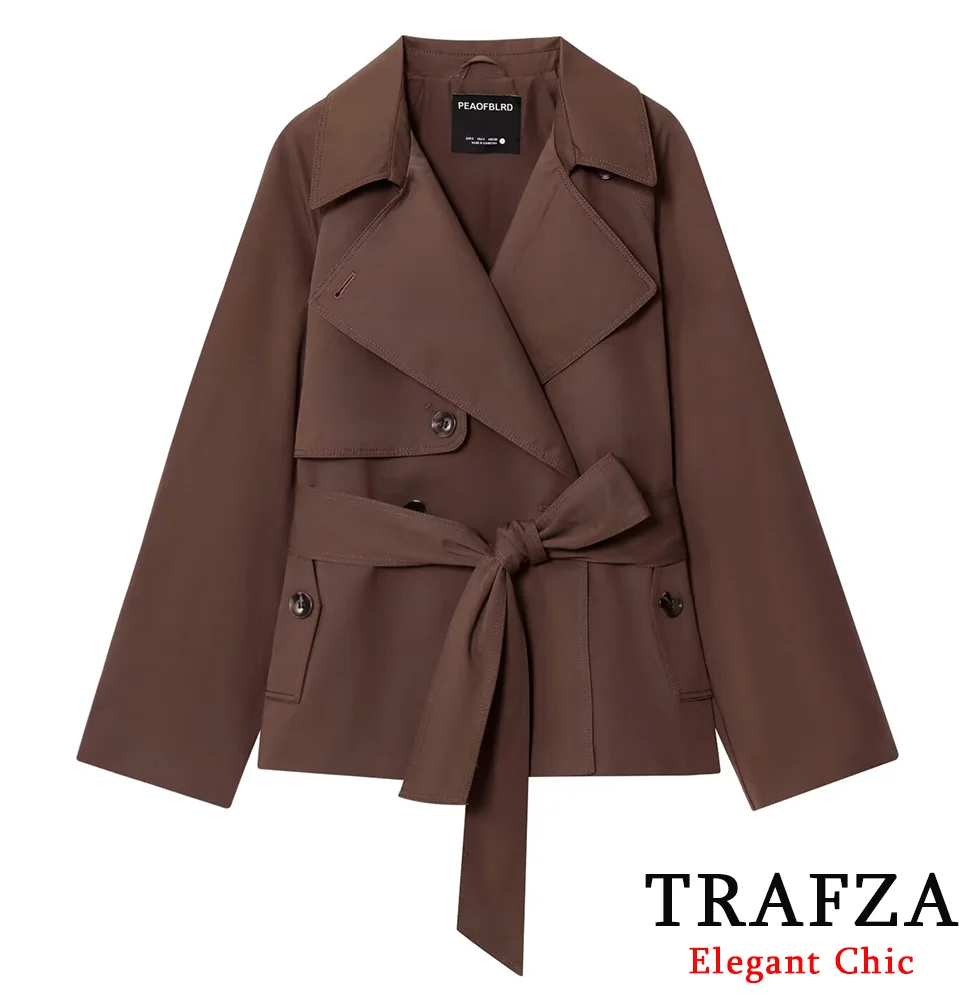 

TRAFZA Women Vintage Commute Windbreaker Lapel Belted Windbreaker Coat 2025 Fall Winter Fashion High Street Elegant Lady Coat