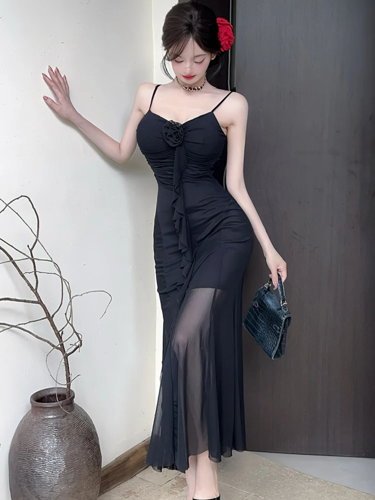 Women Green Floral Mesh Pleated Bodycon Sling Long Dress Summer Elegant Ruffled Luxury Evening Dress 2025 Korean Fesitval Dress