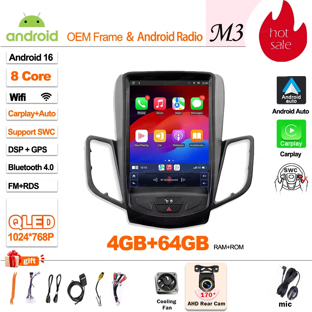 Voor Ford Fiesta MK 7 2009-2014 2015 2016 Android 16 Multimedia Videospeler Mirror Link GPS Navigatie Touchscreen Tesla Stijl