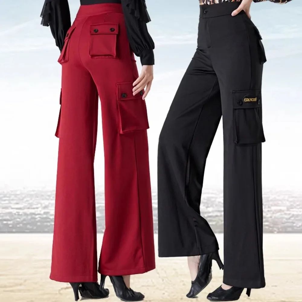 Traje de Tango para Adultos, Ropa Profesional de Baile Latino, Pantalones de Entrenamiento, Pantalones Largos de Cintura Alta con Tiras para Mujer
