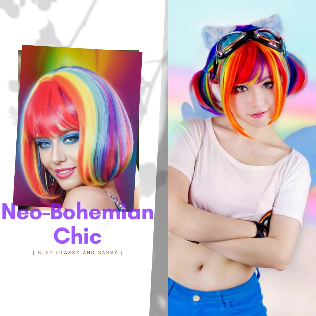Mehrfarbige Regenbogen-Perücke, kurze Bob-Perücke mit Pony, lockige gewellte synthetische Cosplay-Perücke für Frauen und Mädchen