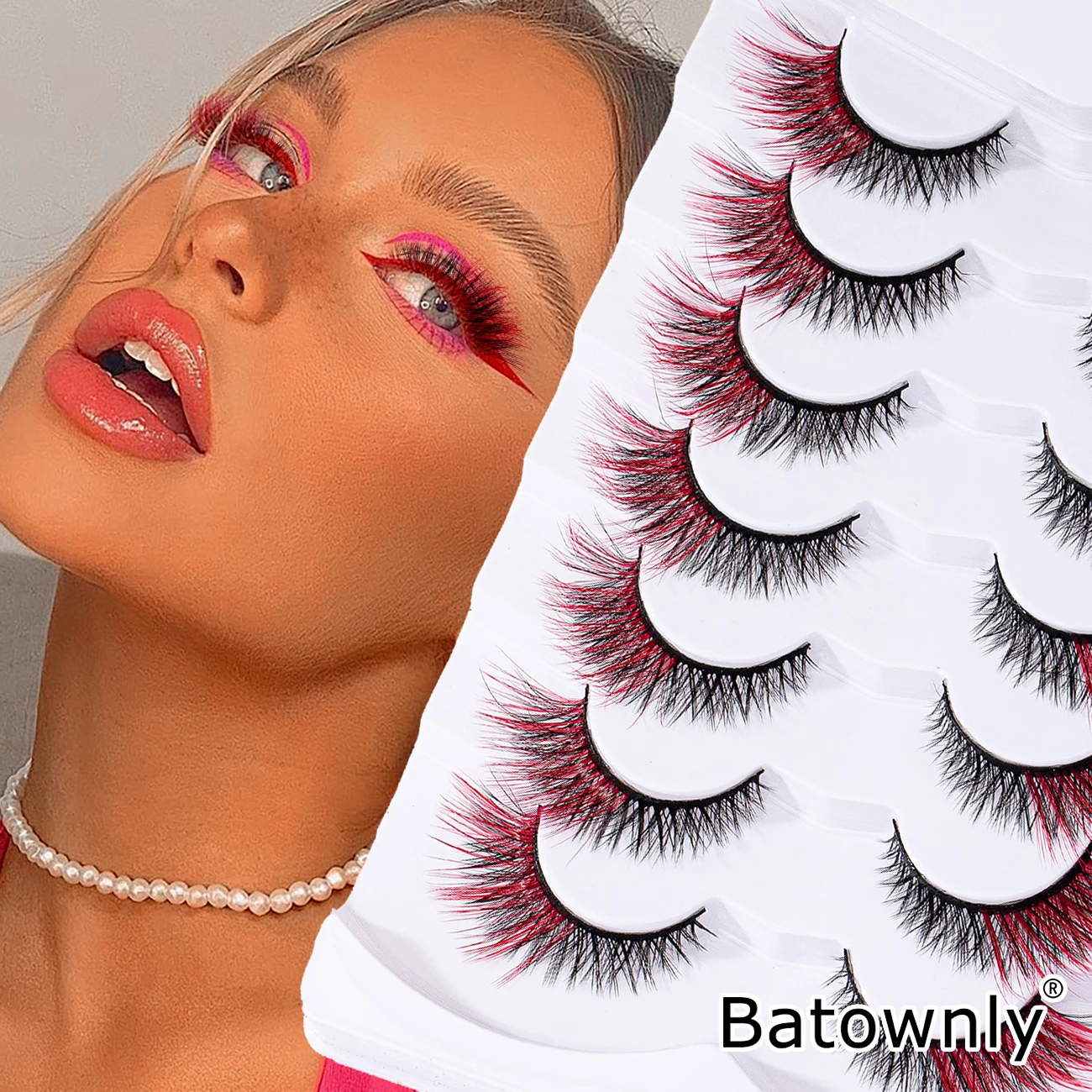 7 Pairs of Red Mixed Color Eyelets with Elongated Cross Colored False Eyelashes 12mm, a Must-Have for Christmas/Halloween
