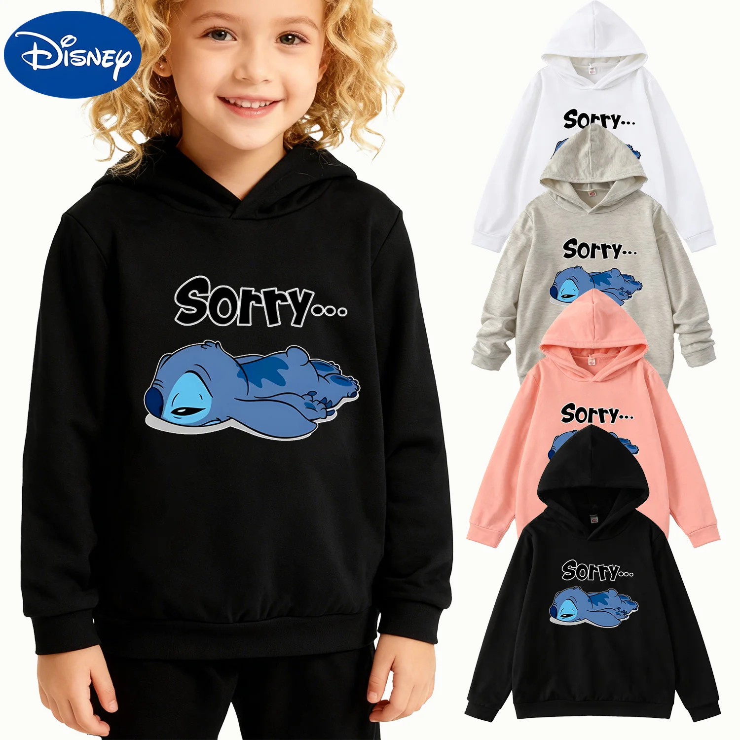 

Kids Disney Stitch "Sorry..." Graphic Hoodie, Black Long Sleeve Pullover