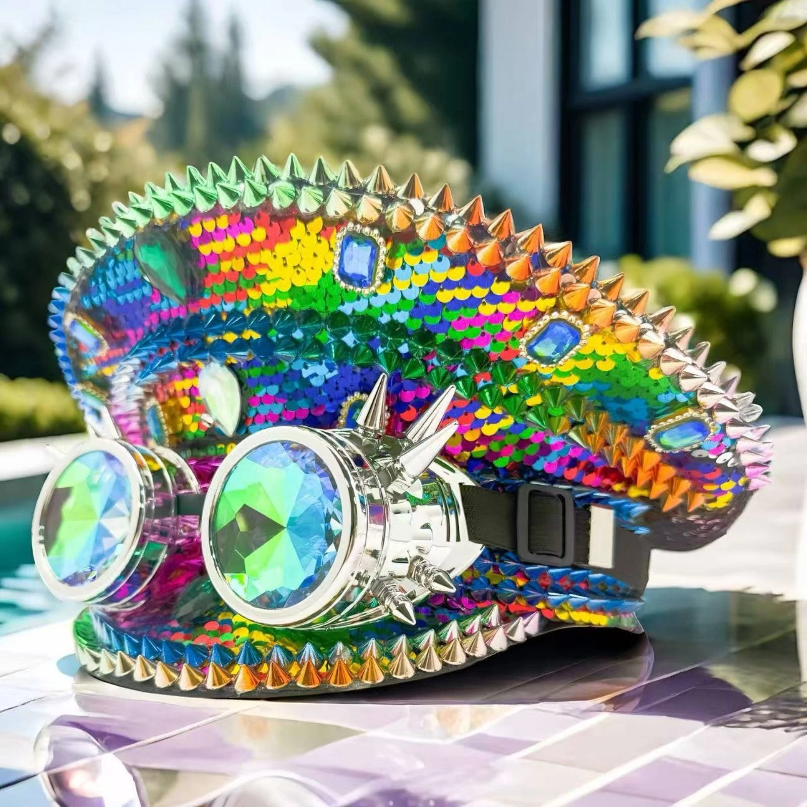 Naval's Hat with Goggles Vibrant Sequin Hat with Goggles Cap Adjustable Edgy for Adults, Festivals, Themed Parties