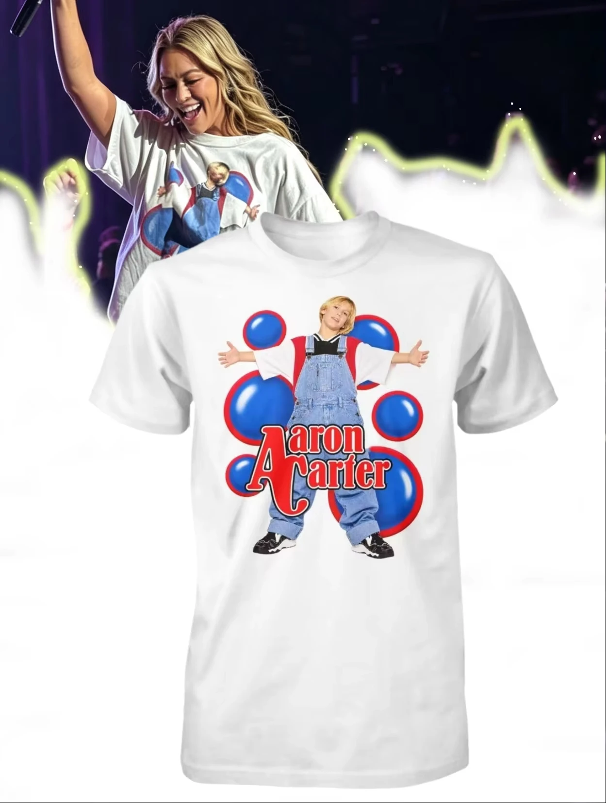 Image of Hilary Duff Konzert Hot-Style Aaron Carter Vintage Grafik T-Shirt 90er Retro Pop Sänger Druck Locker Baumwolle Kurzarm Unisex