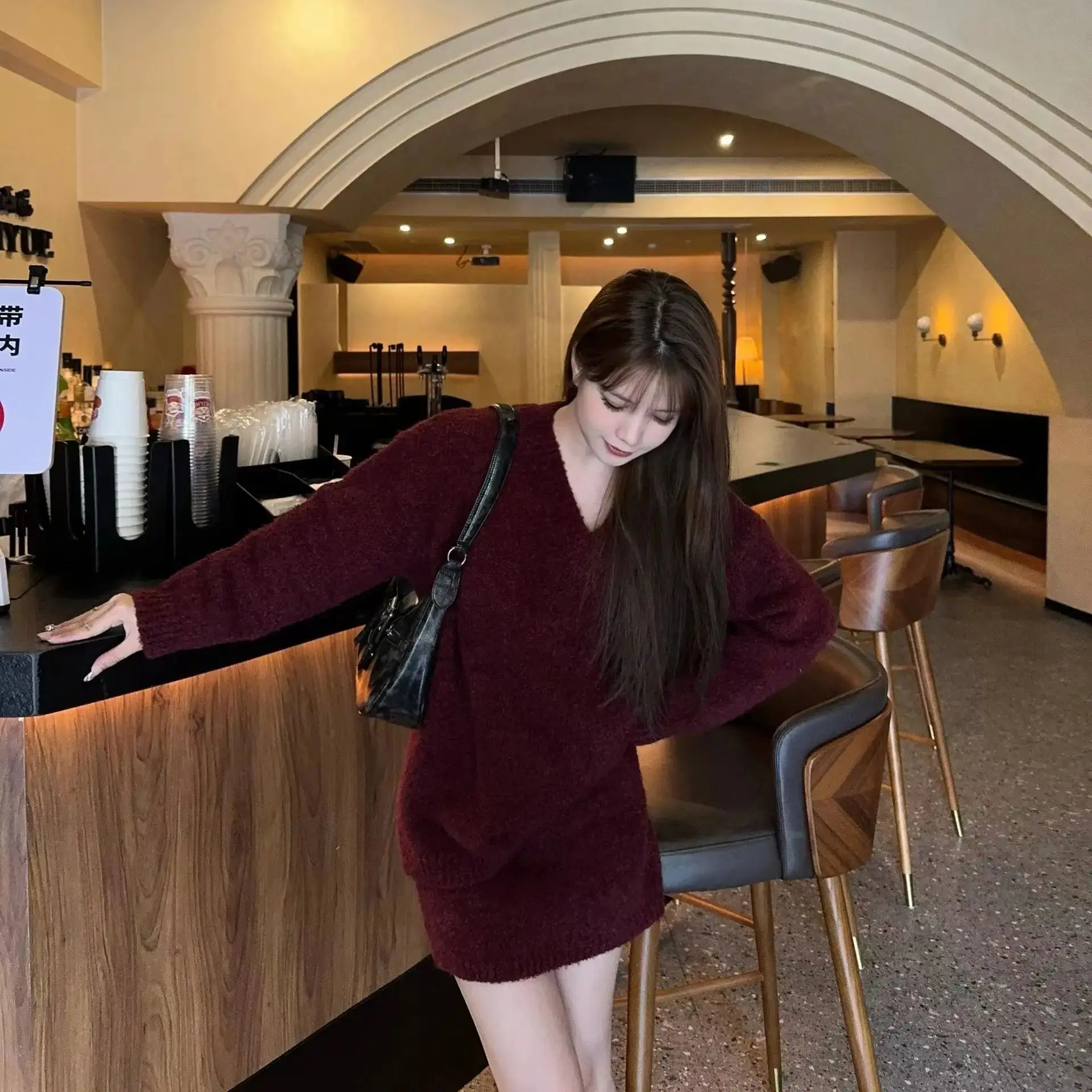 Knitted Long-Sleeved Pullover Mini Skirt Two-Piece Loose Street High-Waist Retro Tender Fashionable Temperament Versatile Suit