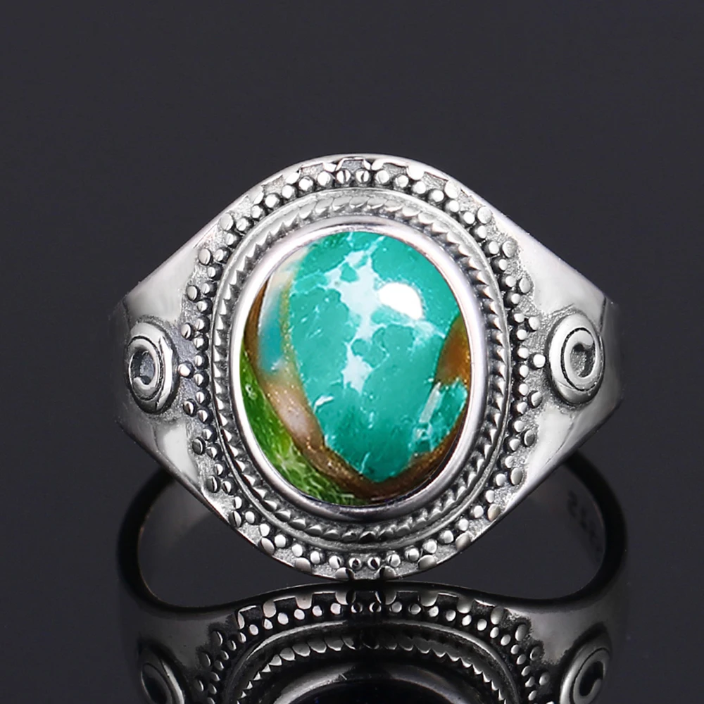 S925 Silver Ring Big Oval 8*10MM Natural Moonstone Turquoise Lapis Tiger Eye Rings for Women Gifts Fine Jewelry