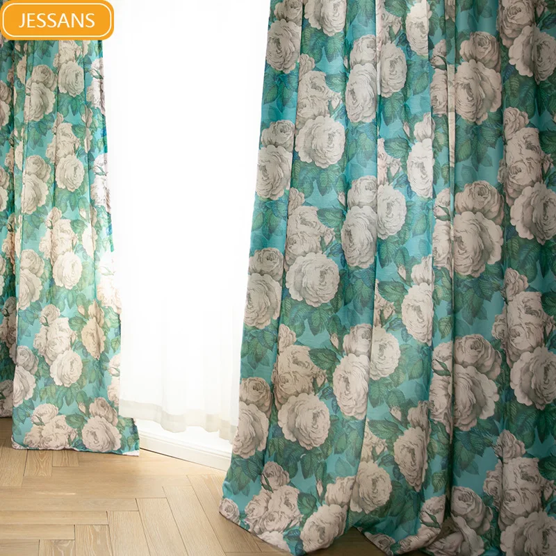Vintage Green White Rose Printed Cotton Linen Curtains for Living Room French Window Customized Finished Partition Curtain