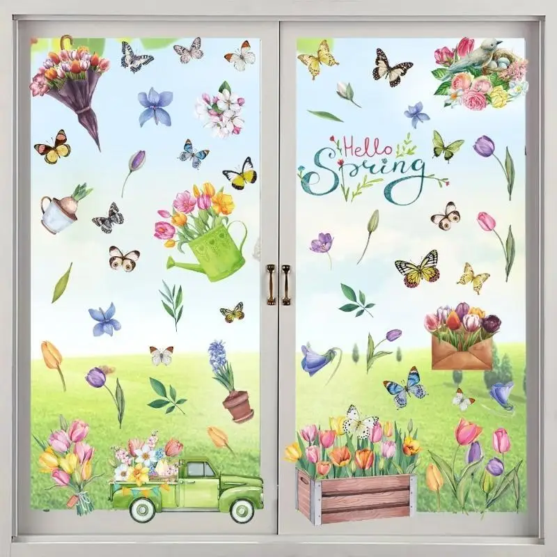 F19B 9 Sheets Spring Themed Window Clings Tulips and Butterfly Double Sided Decal PVC Sticker for Glass Window Home Decors