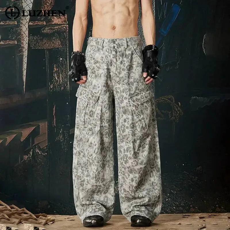 

LUZHEN 2026 New Original Multi Pockets Design Leopard Print Straight Casual Denim Pants Men Fashion Baggy Wide Leg Jeans JY6657