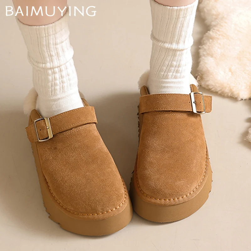 Suede Women Flats Mules Shoes Short Plush Platform Cotton Slippers Designer Snow Boots Winter 2024 Trend Warm Home Mujer Zapatos