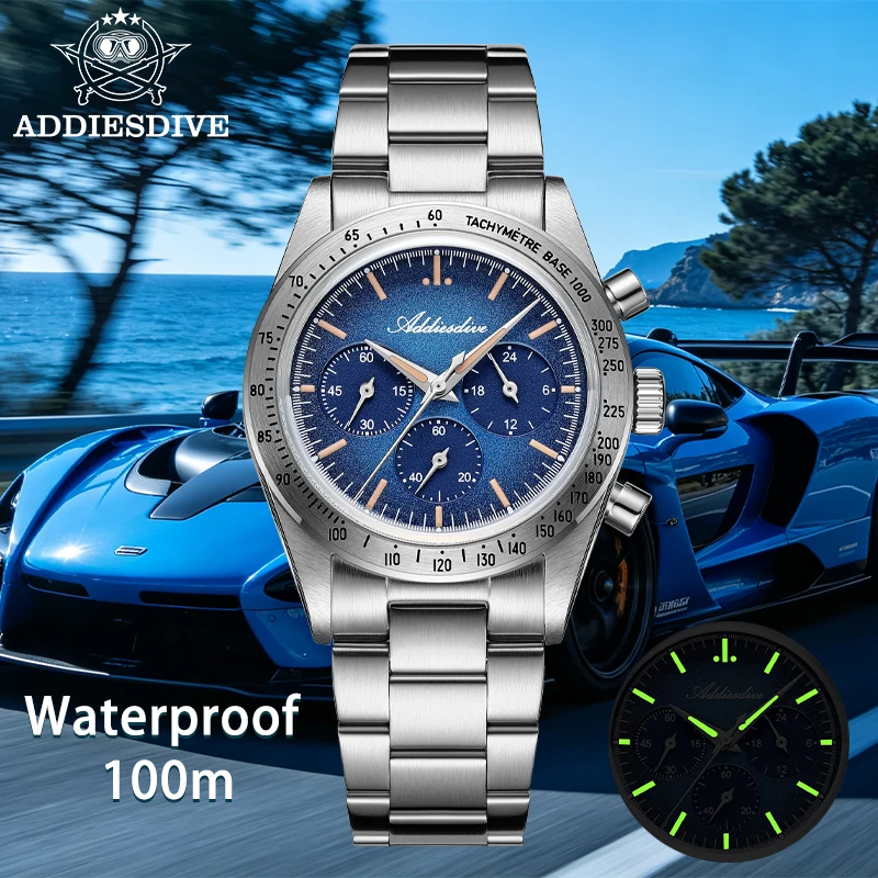 ADDIESDIVE Hot Sale 0S20 Chronograph Bubble Mirror Glass Quartz Watch Super Luminous Stainless Steel Waterproof Wristwatches