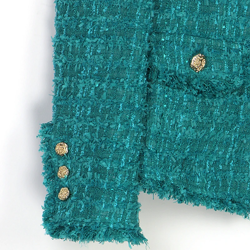 Abrigo de lana gruesa con borlas retro verde, estilo pequeño fragante, azul pavo real, primavera, nuevo top con cuello en V