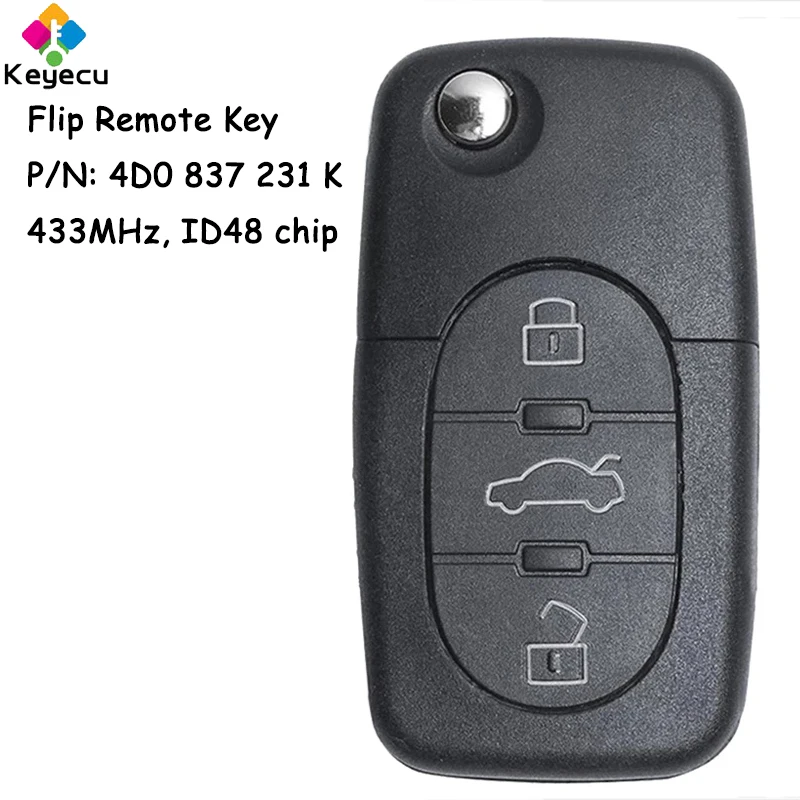 KEYECU Flip Remote Control Car Key With 3 Buttons 433.92MHz ID48 Chip for Audi A2 A3 A4 A6 A8 TT Fob 4D0837231K 4D0 837 231 K