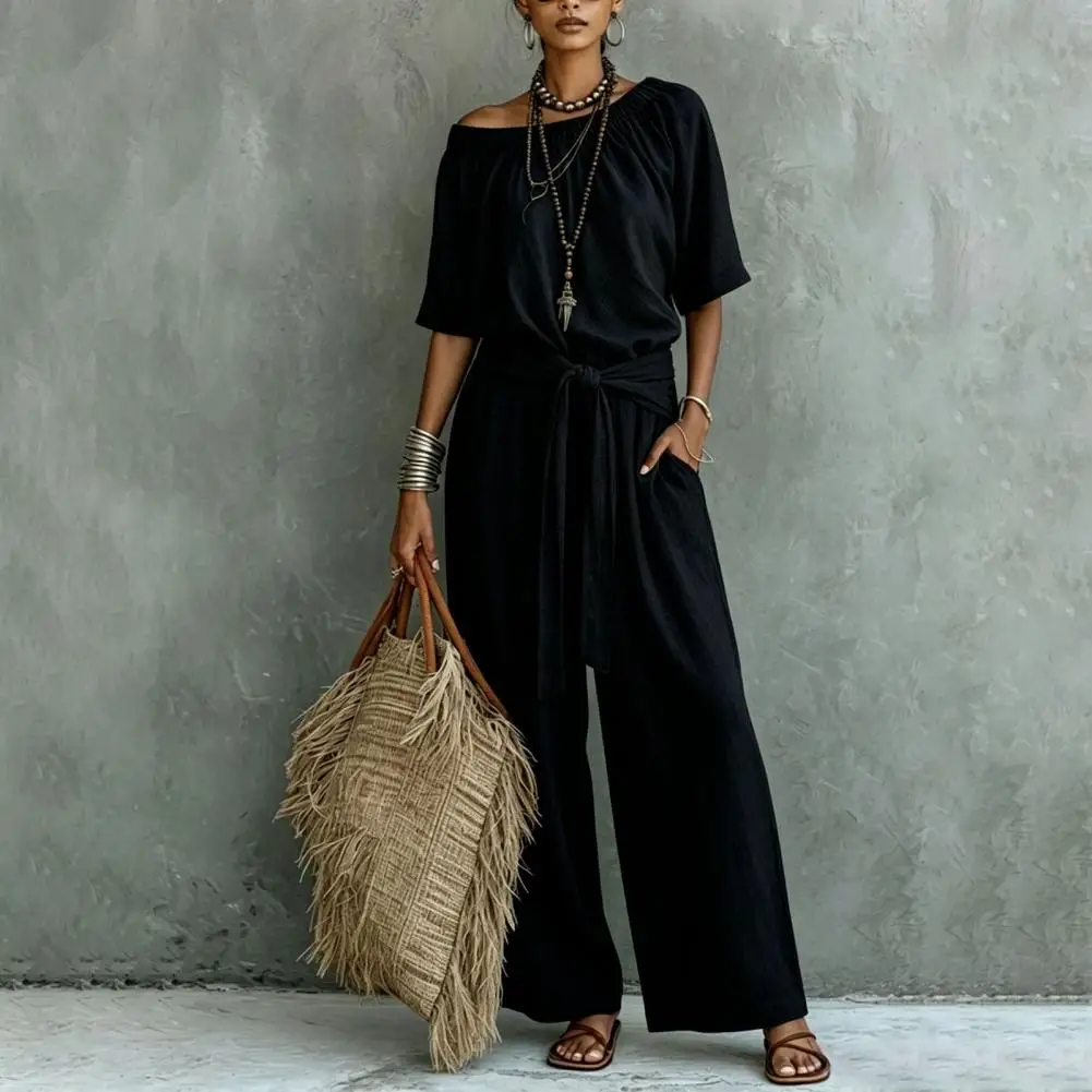 Women's Solid Off Shoulder Jumpsuit, Tie Waist Short Sleeve Wide Leg Rompers, Summer Casual One Piece Outfits with Pockets