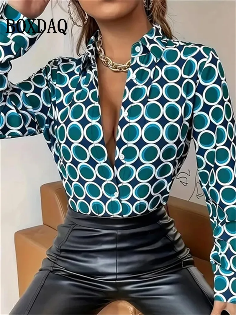 New Fashion Casual Long-Sleeve Shirts Ladies Loose Polka Dot Print Tops Women Spring Blouses Lapel Button Office Cardigan Shirt