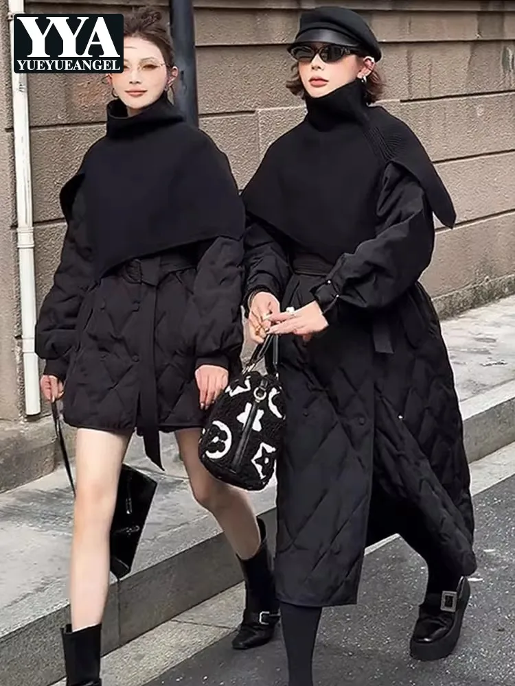 Belt Korean Style Women Long Down Coat Neck Warmer Collar Puffer Jacket Loose Fit Fashion Outerwear Winter Warm Argyle Overcoat