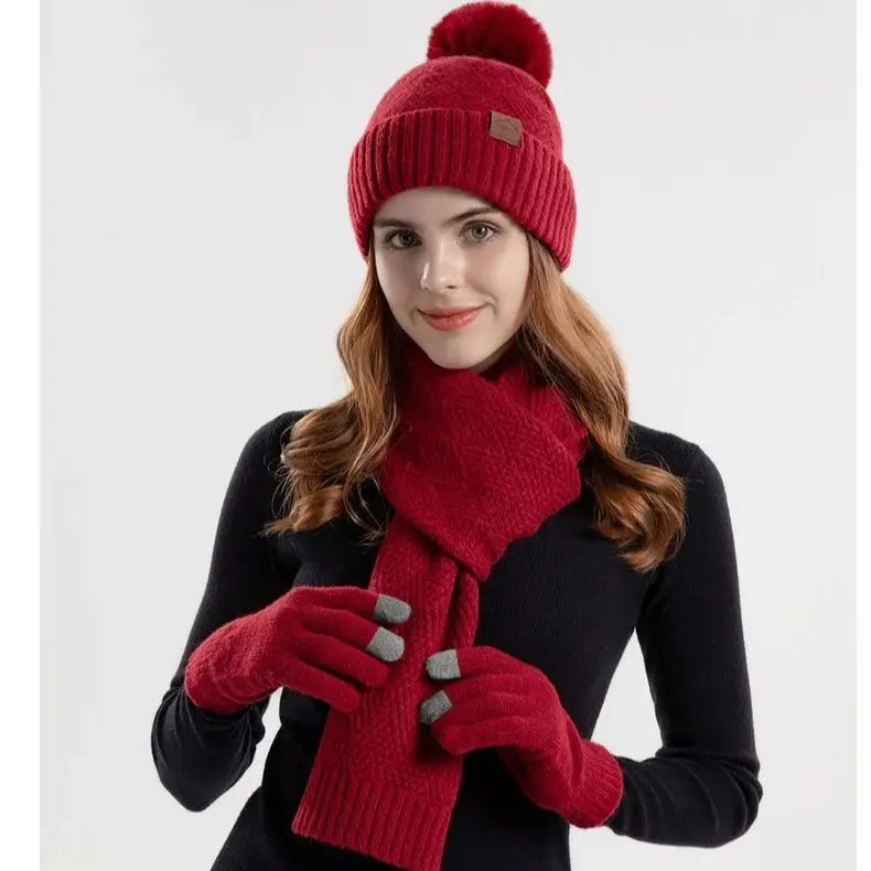 Winter Korean Fashion Knitted Woolen Hat Women Warm Hat Scarf Gloves Ear Protectors Set Hat Velvet Skiing 3Pcs