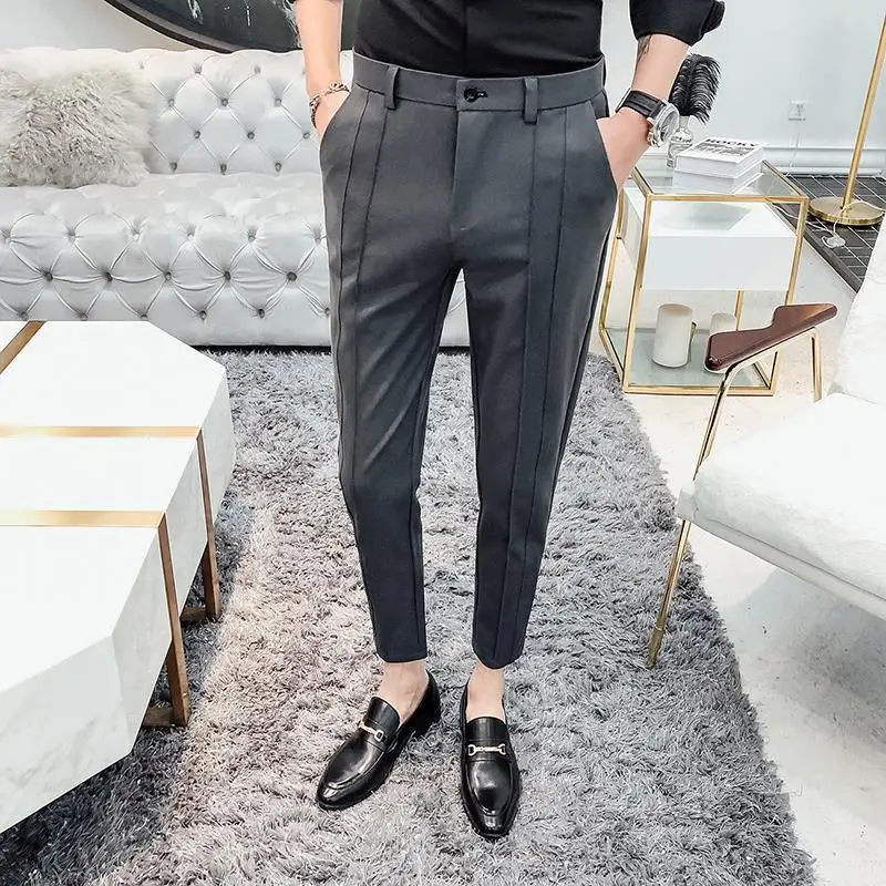 Pantalon de costume pour hommes, en coton plissé, coupe cintrée, de luxe, fin, décontracté, vêtement