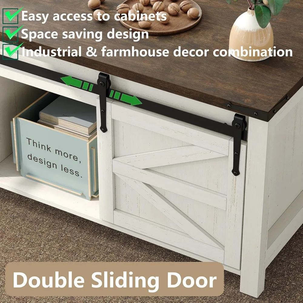47.3'' Lift Top Coffee Table with Storage, Modern White Coffee Table with Sliding Barn Doors, Farmhouse & Rustic Rectangle Cente