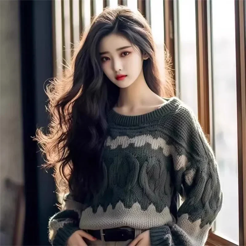 

Осенне-зимние модные винтажные вязаные свитера, женская одежда, свободные пуловеры для ленивого ветра, модный теплый джемпер с круглым вырезом