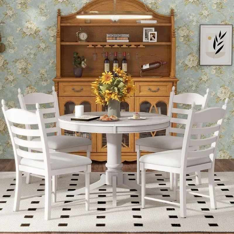 

5 Pieces Kitchen & Dining 4 with Round Extendable Table and Four Upholstered Chairs, Retro Rustic Style Home Furniture Tαble