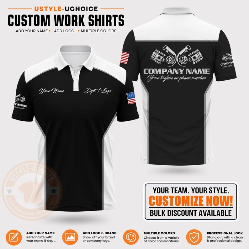Custom Mechanic Work Polo Shirt Men Custom Name Company Logo Engine Piston Graphic Short Sleeve Automotive Technician Uniform