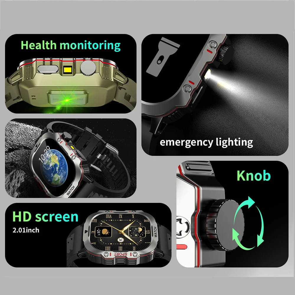 ใหม่ไฟฉายสมาร์ทวอทช์ LED การตรวจสอบอัตราการเต้นของหัวใจการโทรผ่านบลูทูธการติดตามเส้นทางการเคลื่อนไหวฟิตเนสผู้ชายผู้หญิงสมาร์ทวอทช์