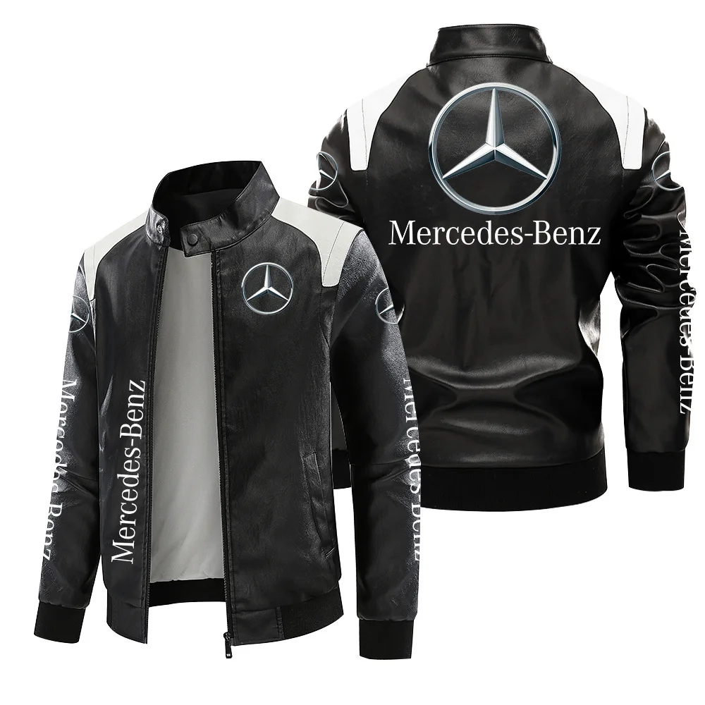 

2025 new leather jacket with Mercedes Benz logo printed PU leather jacket, windproof men's jacket, autumn and winter thick fleec