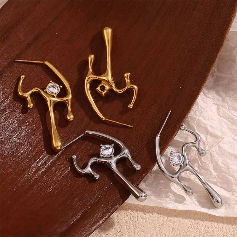 

PRISCA | Stainless Steel Creative Earring Women Zircon Niche Fashion Jewelry 18k Gold Anti-allergy