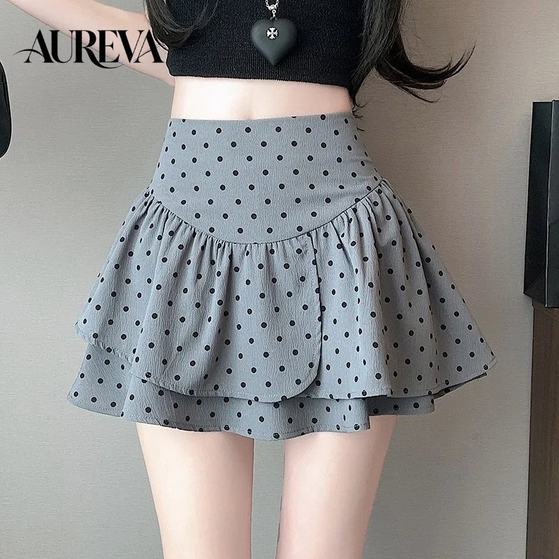 Korean Style Women's Polka Dot Mini Skirt High Waist Ruffle A-Line Casual Commuter Short Half Skirt Liner