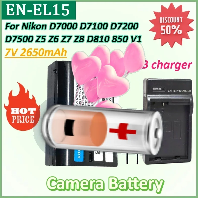 

EN-EL15 7V 2650mAh Latest Decoded Camera Battery for Nikon D7000 D7100 D7200 D7500 Z5 Z6 Z7 Z8 II 2Z6III ZF MB-D11 MB-D12 D810