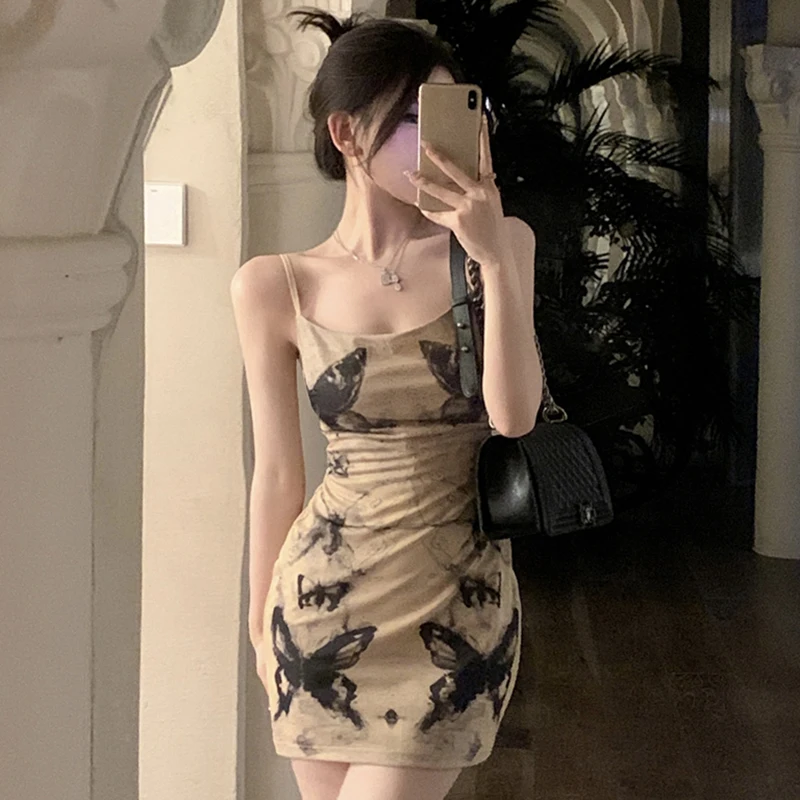 Women Y2K Spaghetti Strap Sleeveless Dress Summer Butterfly Print Backless Party Mini Dress for Cocktail Beach Retro Streetwear