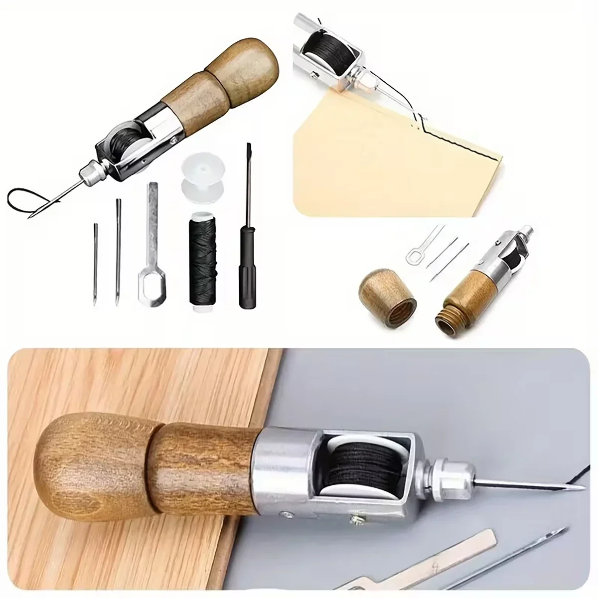 1 Set of Leather Craft Sewing Tools Set, Including Waxed Thread, Wooden Handle Hand Sewing Needle, Beginner Leather Repair