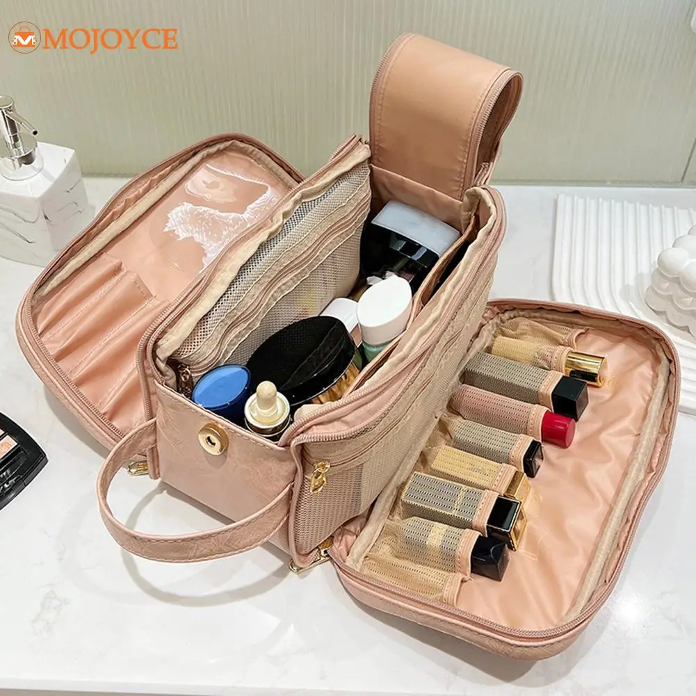 3 Layers Large Capacity Women Waterproof Makeup Bag Korean Double Zipper Travel Big Wash Handbag PU Leather Cosmetic Storage Bag