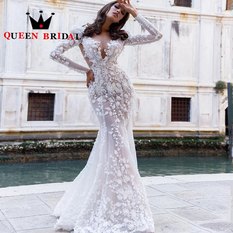 Sexy Deep V Appliques Lace Wedding Dresses Long Sleeve Mermaid Floor Length Formal Women Bride Gowns Robe De Mariée Custom Y76X