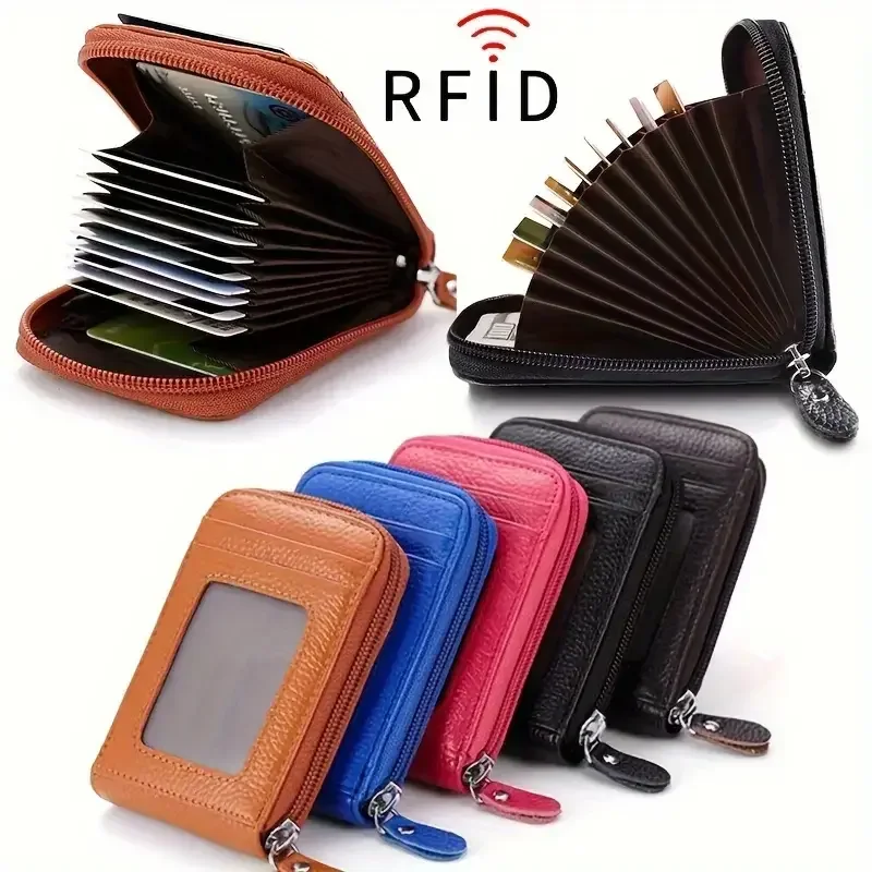 PU leather zippered card holder, multi-card slot card holder with visible ID window, unisex RFID shielded wallet, multi-card slot secure storage box, can hold multiple bank cards.
