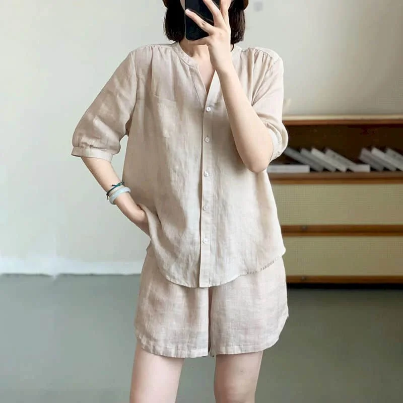 Setelan baju wanita dua potong, setelan celana pendek polos, longgar, gaya Korea, lengan setengah, leher O, dan celana pendek pinggang elastis musim panas