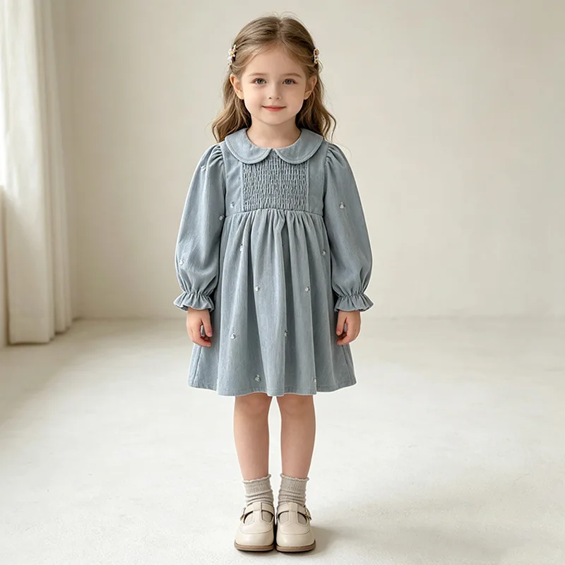 Girls Korean Embroidered Shirred Long Sleeve Girls Dress Spring Autumn Doll Collar Stylish Kids Dress