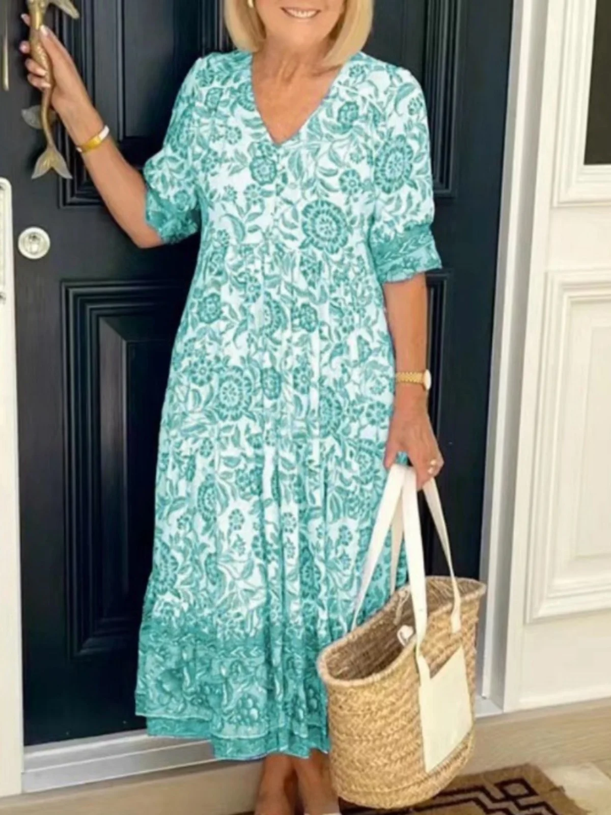 Ele V-ne Single-Button Floral Print Midi Dr Faionable ort-sved Midi-Länge Dr zum Pendeln