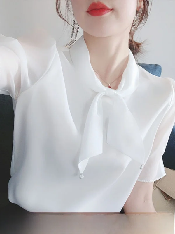 

Женская однотонная шифоновая блузка с узлом, короткий рукав, летняя, больших размеров, модный топ в корейском стиле, свободный крой, V-образный вырез