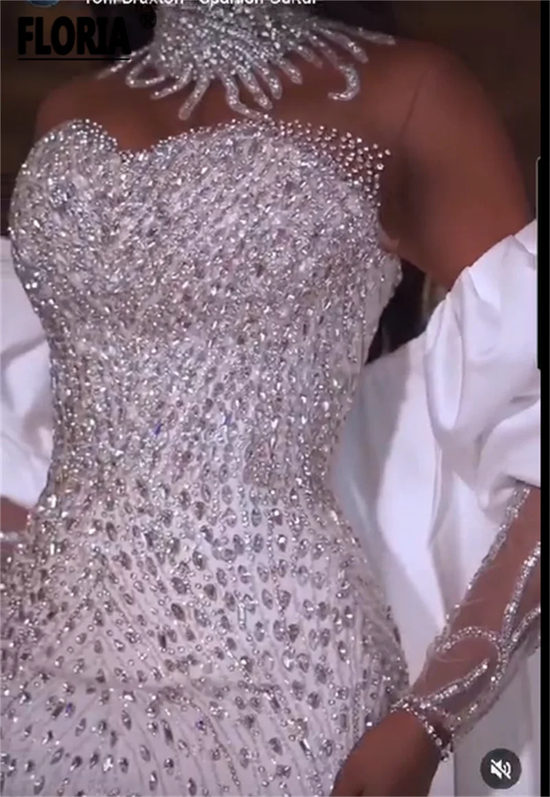 Elegante vestido de novia de sirena blanca con capa larga desmontable, cuentas pesadas de cristal, vestido de fiesta de Noche, Vestidos de ocasión de celebridades