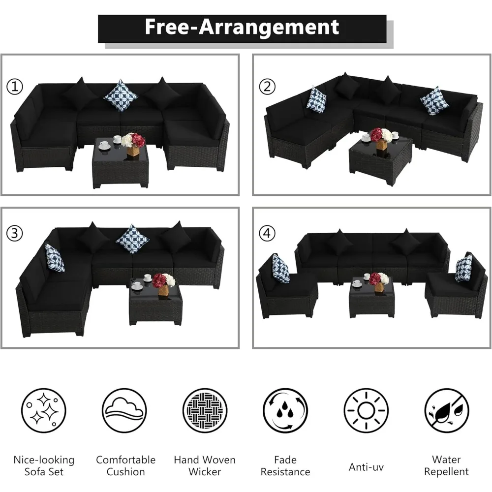 Patio Furniture Set,7 Pieces Modular Outdoor Sectional Sofa, PE Rattan Patio Conversation Set, All Weather Wicker Patio Furnitu