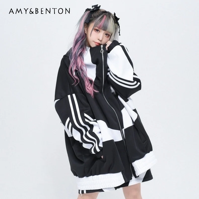 

Japanese Harajuku Style Mine Black White Loose Hooded Sweater Pant Sets Autumn Y2k Oversized Coat Patchwork Color Couple Sets