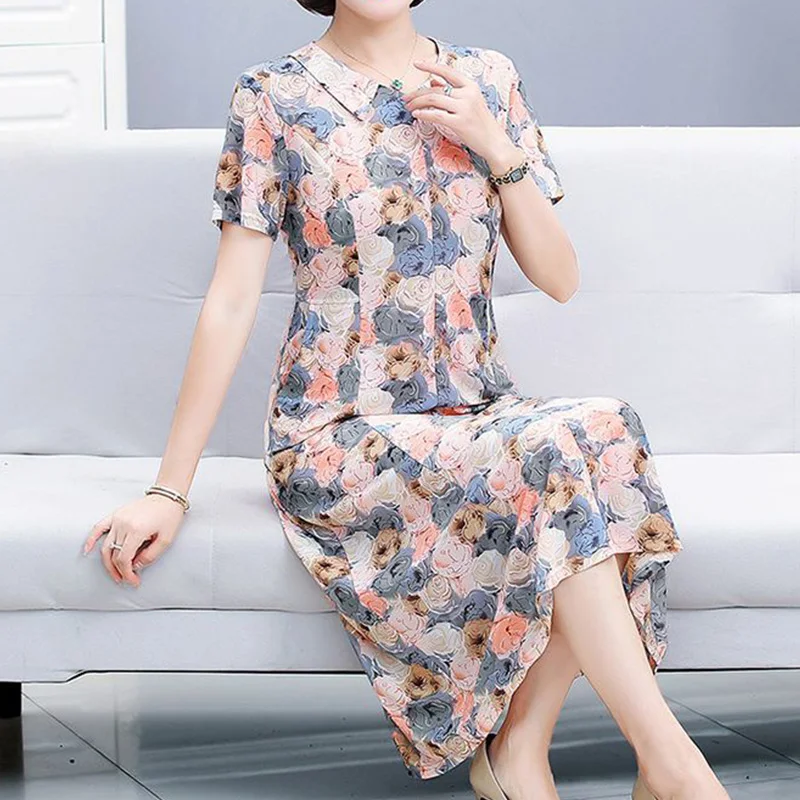 Summer Middle-aged and Elderly Loose Elastic Mid Length Style Square Neck Patchwork Floral Printing Short Sleeve A-line Dress