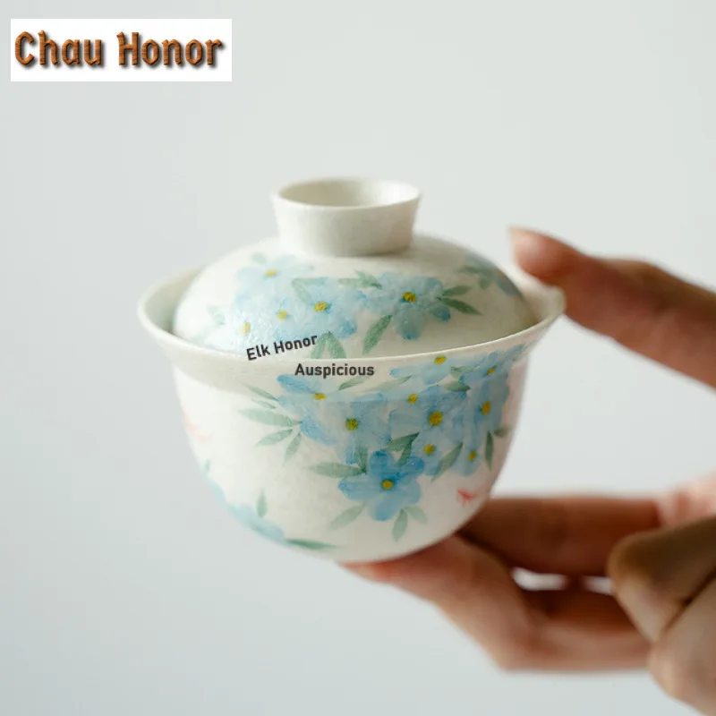

90ml Pure Hand-painted Blue Star Flower Gaiwan Zen Tea Tureen Tea Bowl with Lid Kit Tea Brewing Cover Bowl Tea Items Ornaments